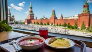 Интерьер бюджетной столовой с панорамным видом на Московский Кремль
