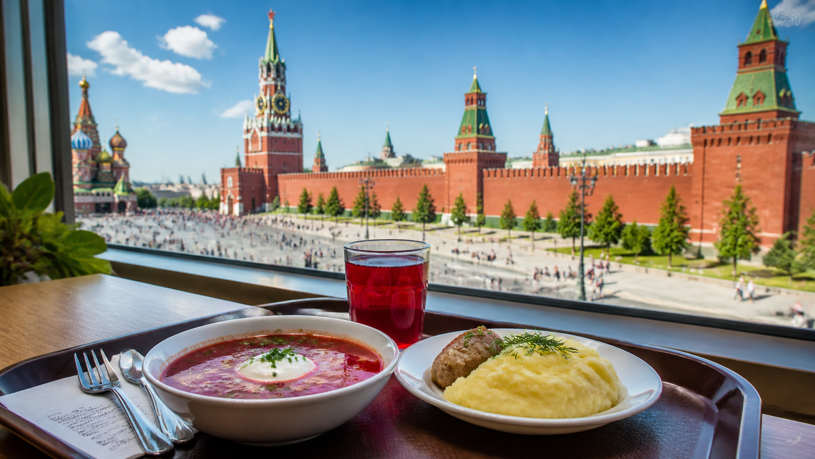 Интерьер бюджетной столовой с панорамным видом на Московский Кремль