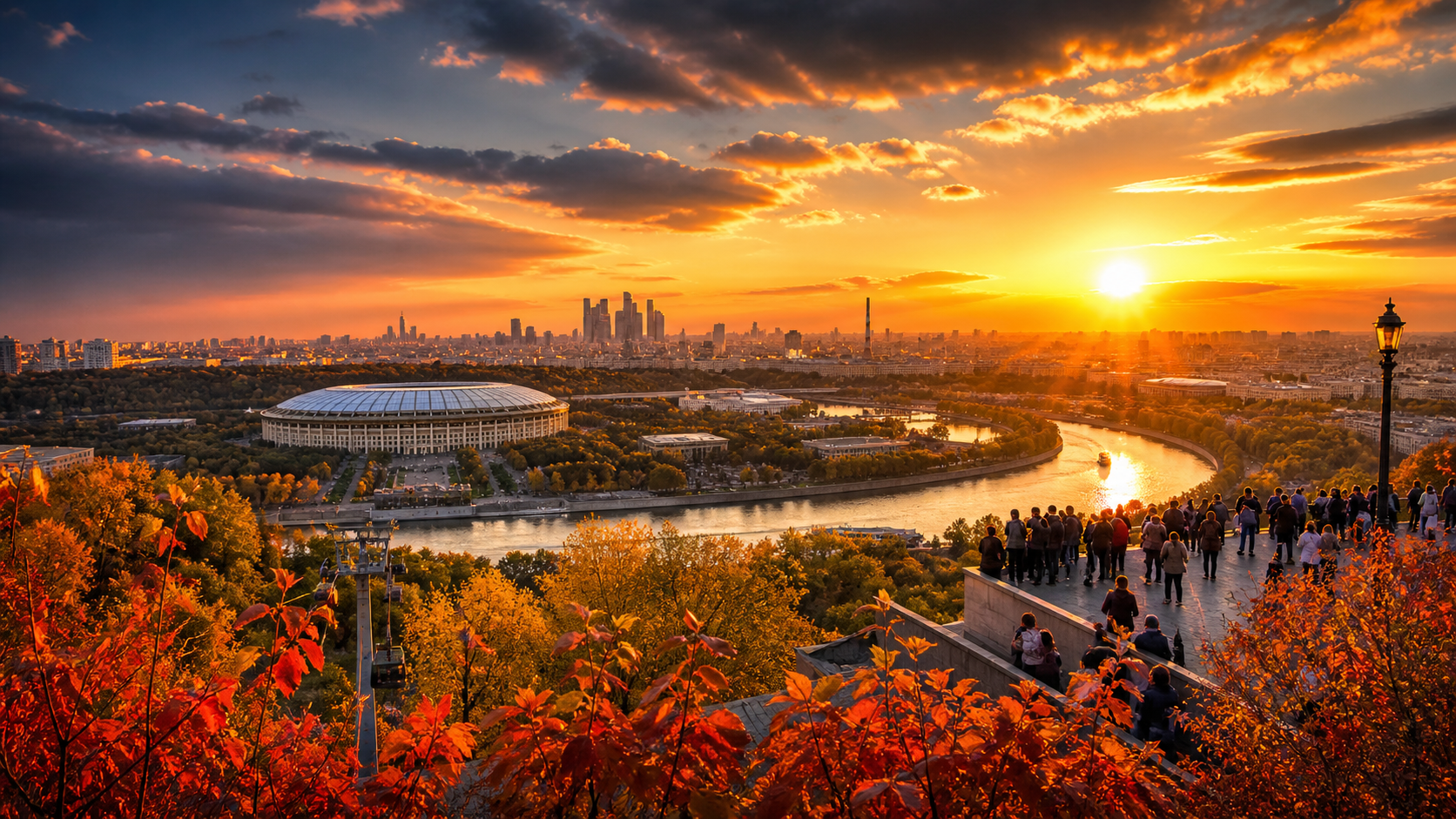 Красивый закат над Москвой с одной из лучших панорамных площадок города